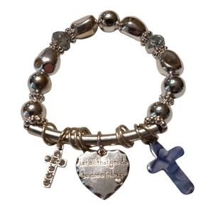 Silvertone Vintage Artisan Bracelet with Inspirational Charms Heart Cross NWOT